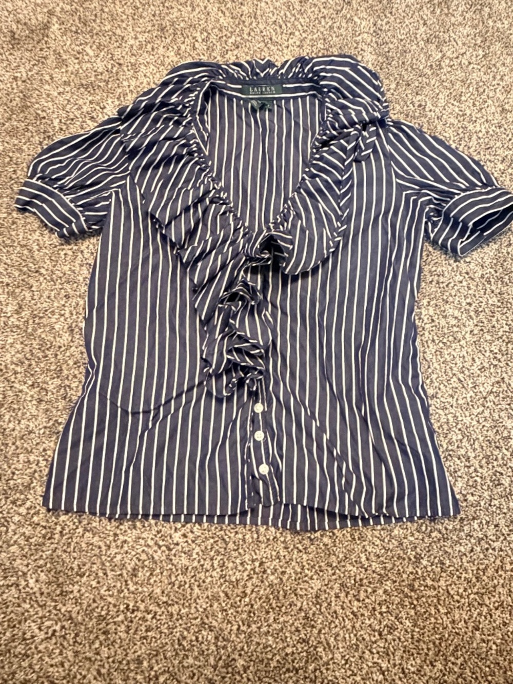 Ralph Lauren Stripe Ruffle Button down Shirt Women's Size 2 Blouse Top